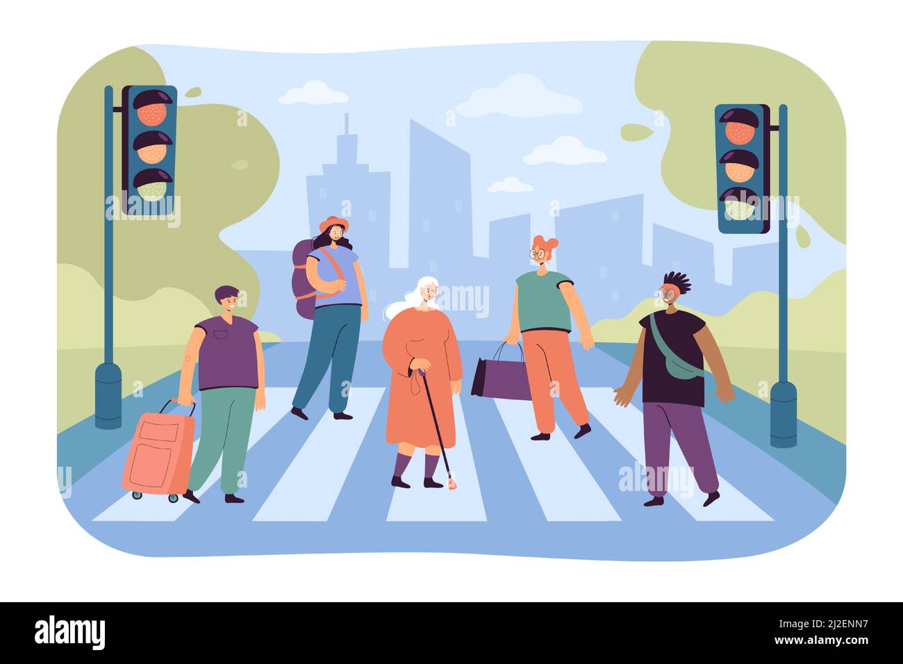 Foule de personnes traversant la route de l'avenue illustration de vecteur plat. Des piétons de dessins animés marchant sur la voie de passage. Style de vie moderne et traf Illustration de Vecteur