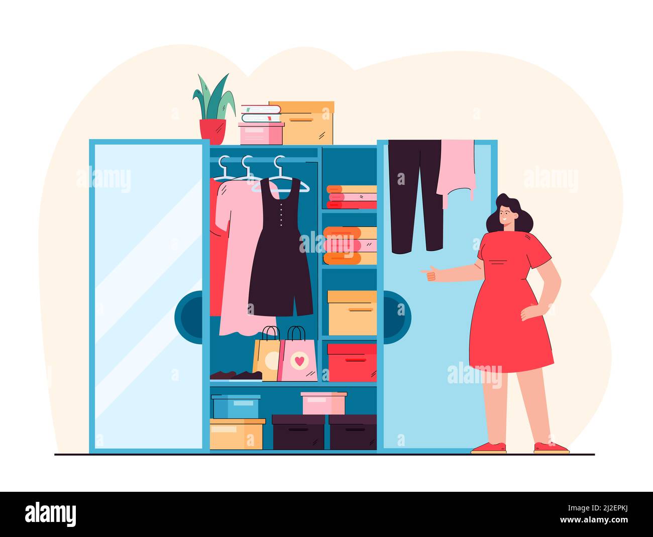 Femme souriante debout devant une armoire ouverte illustration vectorielle plate. Femme de dessin animé choisissant des vêtements de placard. Organisation de la tenue et de la mode Illustration de Vecteur