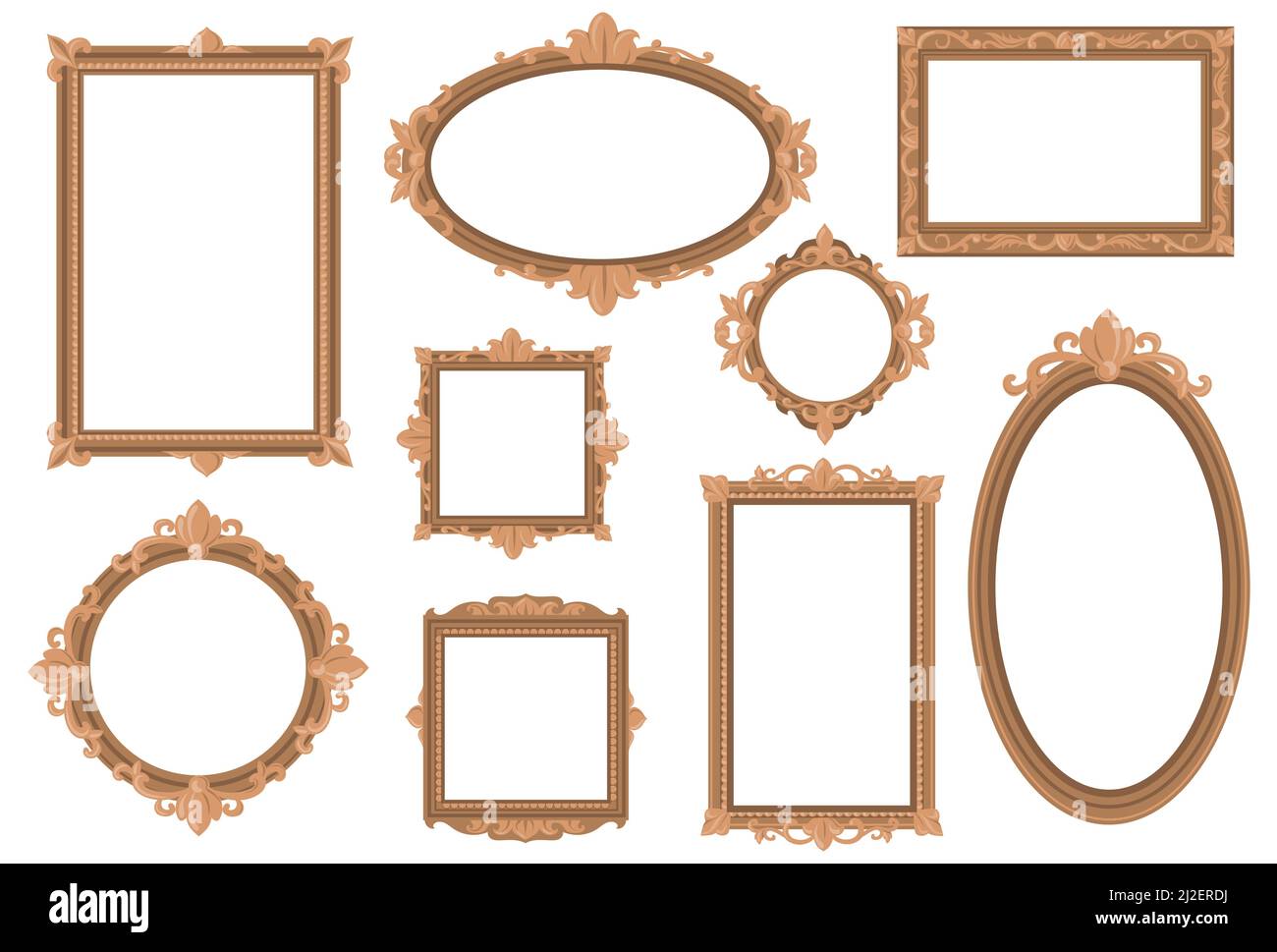 Ensemble plat avec bordures dorées et motif toile. Dessins animés anciens modèles de cadres gravés élégants vecteur isolé collection d'illustrations. Déc Illustration de Vecteur