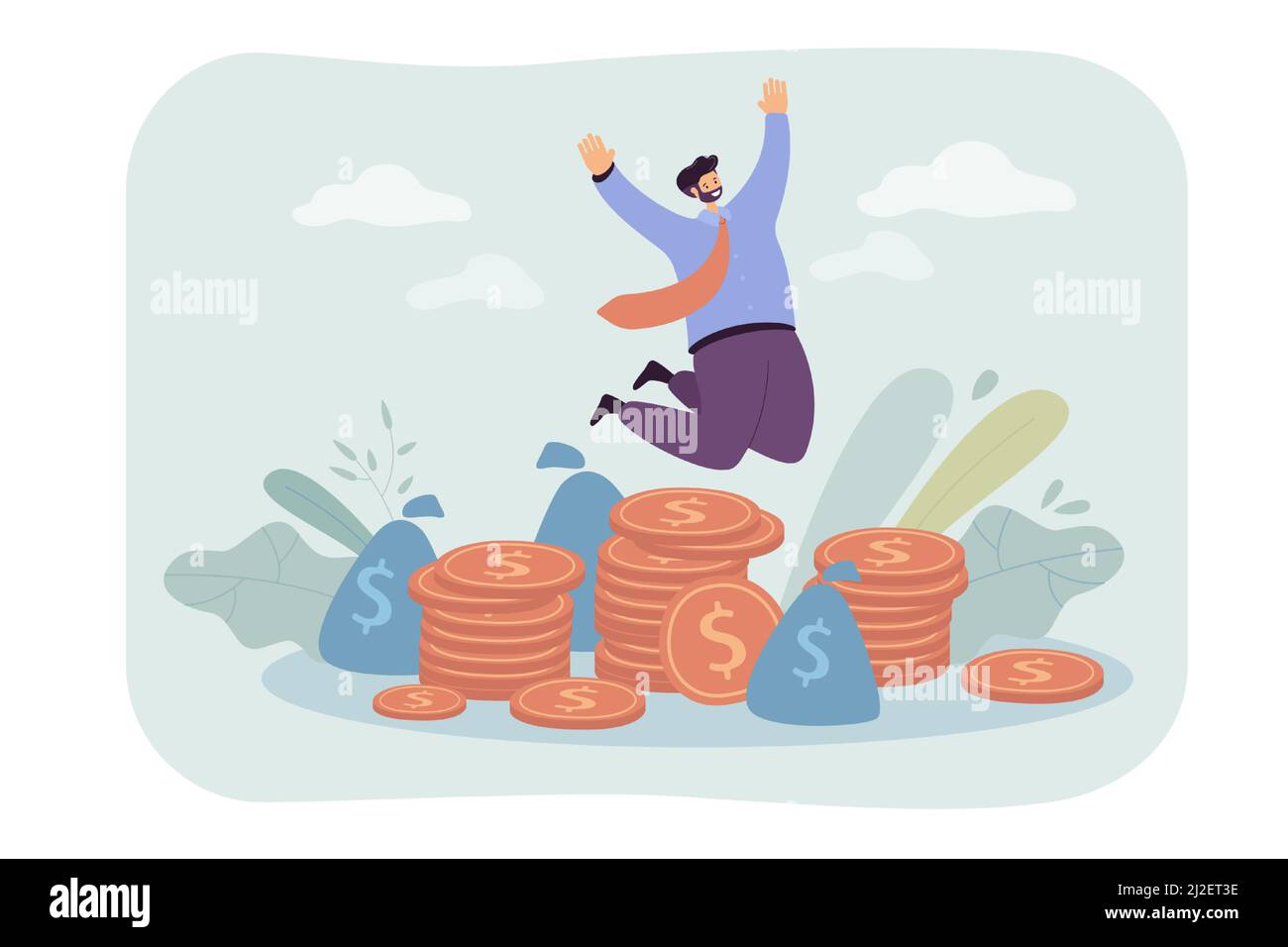 Joyeux millionnaire sautant près d'une pile de pièces de monnaie illustration vectorielle plate. Homme d'affaires ou banquier caricature célébrant la croissance des revenus. Finances et stock Mark Illustration de Vecteur