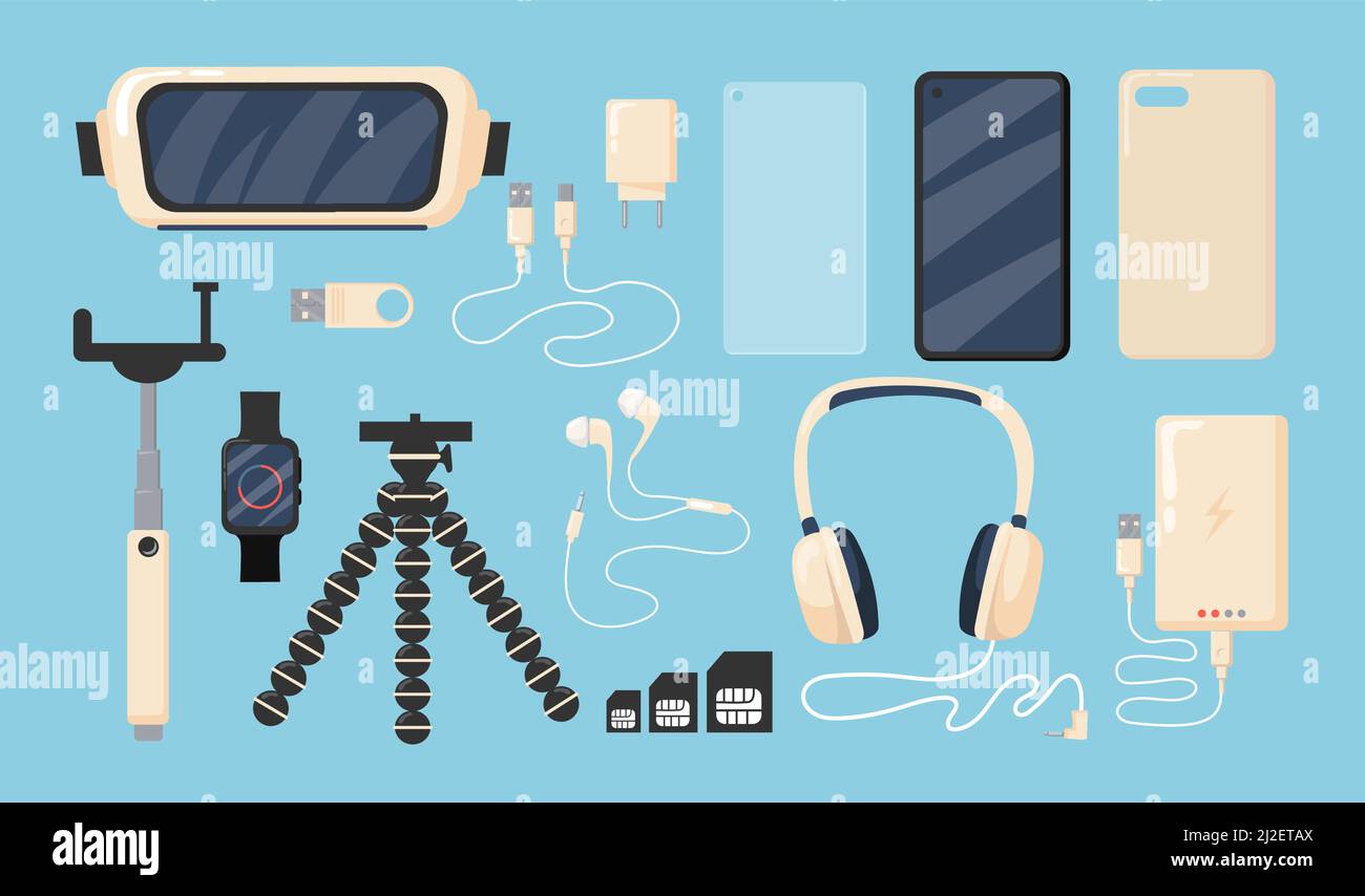 Ensemble d'accessoires de téléphone graphique illustration vectorielle plate. Smartphone isolé, batterie, chargeur, couvercle, lunettes 3D ou VR, montre sur fond bleu. M Illustration de Vecteur