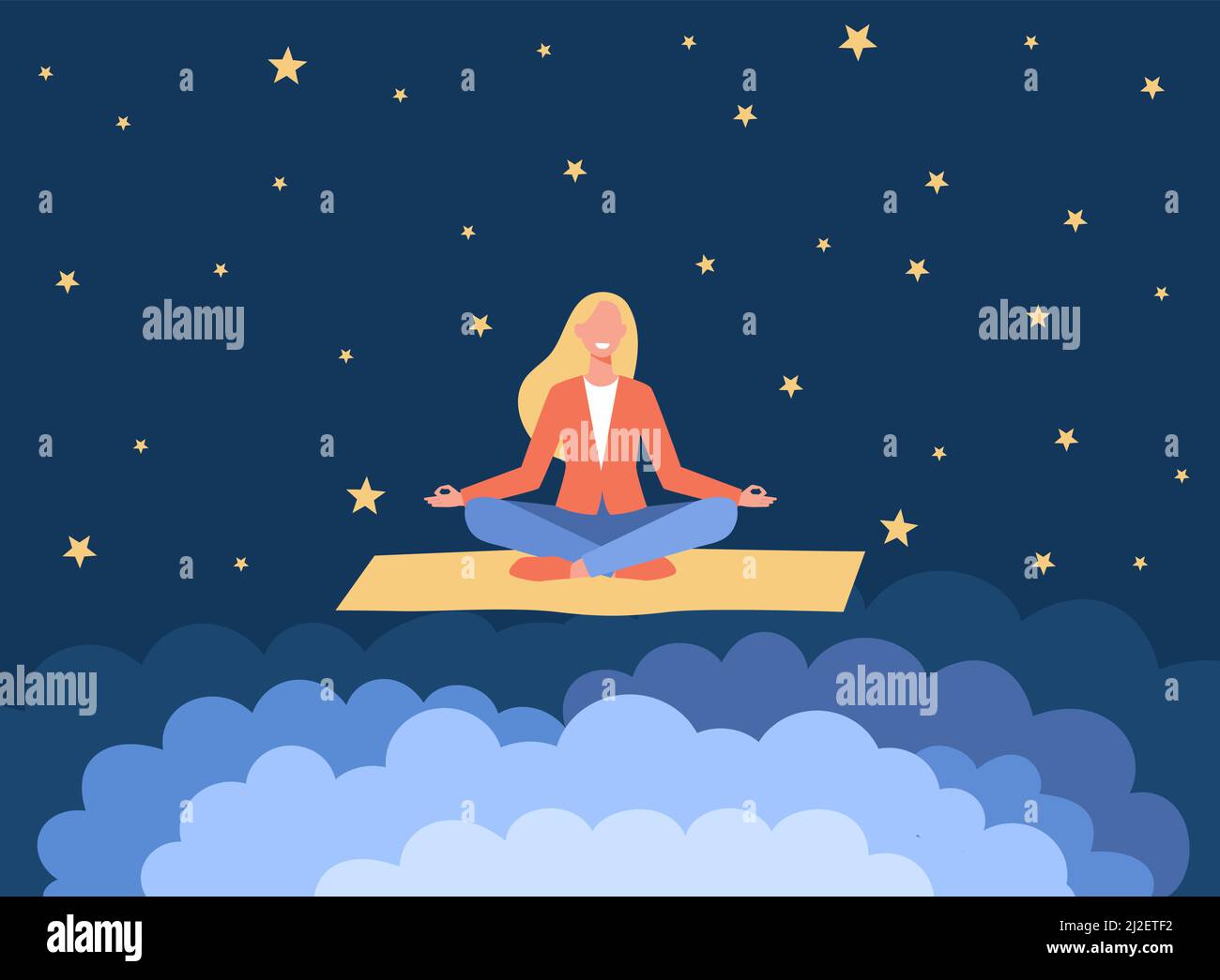 Femme souriante méditant sur le tapis de yoga. COSMOS, étoile, illustration du vecteur plat Healthcare. Méditation, bien-être et conscience concept pour la bannière, nous Illustration de Vecteur