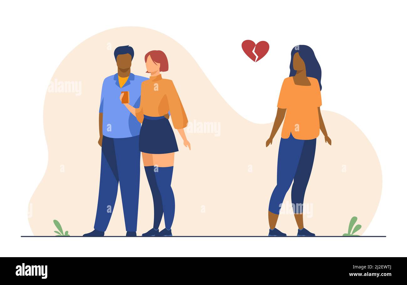 Femme au cœur brisé. Fille regardant ex petit ami datant nouvelle petite amie. Illustration vectorielle plate. Jealousy, heartbreak, concept de rupture pour bannière, Illustration de Vecteur