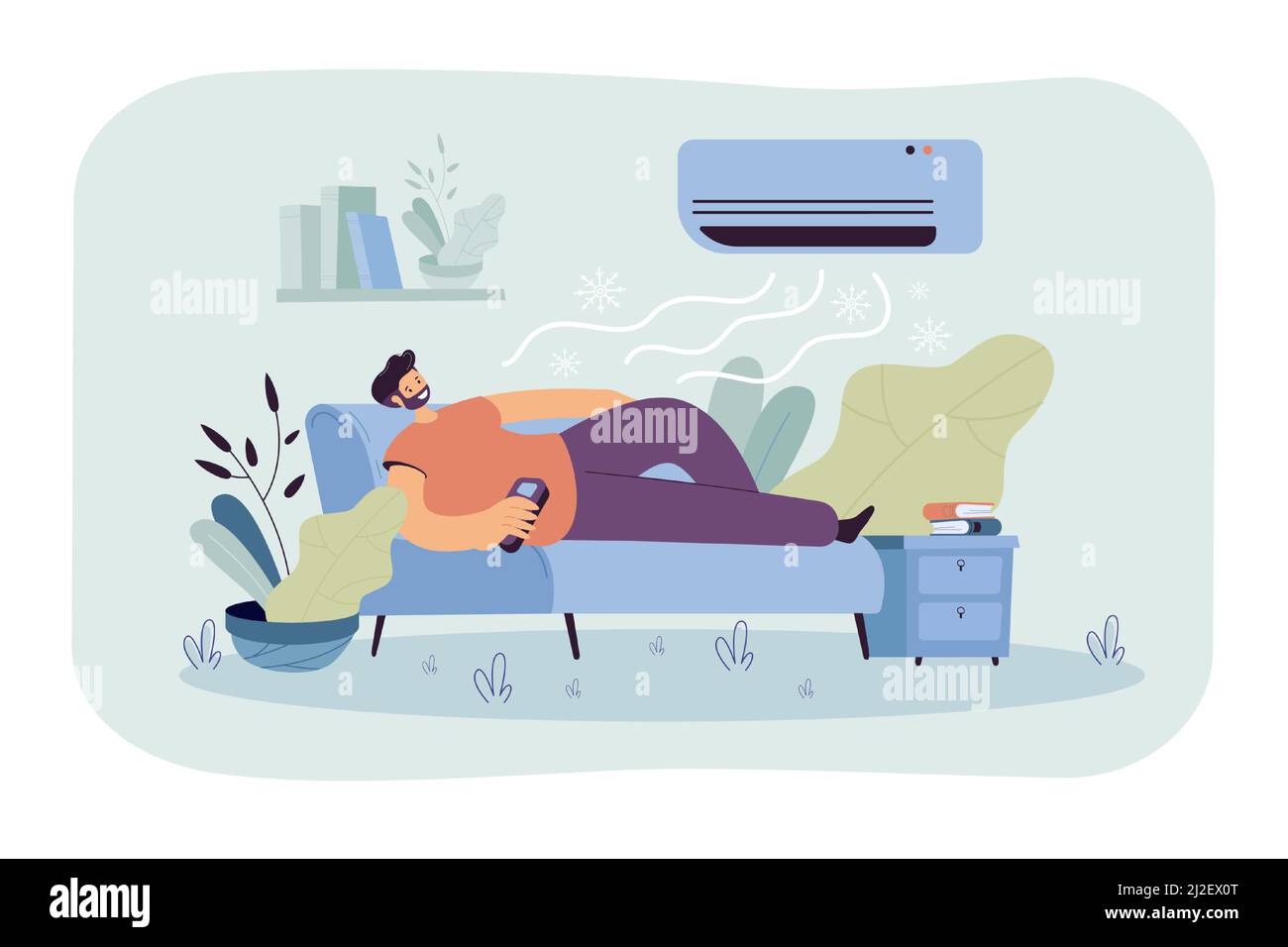 Homme se reposant sur un canapé sous le flux d'air froid du climatiseur. Illustration vectorielle de la technologie moderne pour la maison, les appareils ménagers, la climatisation conce Illustration de Vecteur