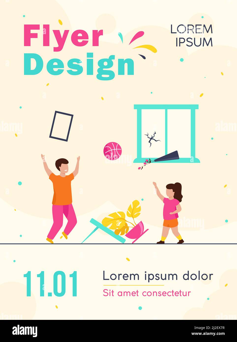 Les enfants sans surveillance font le chaos à la maison. Enfants jouant au ballon à l'intérieur parmi l'illustration vectorielle plate mess. Concept de problème de famille, d'enfance, de parentalité Illustration de Vecteur