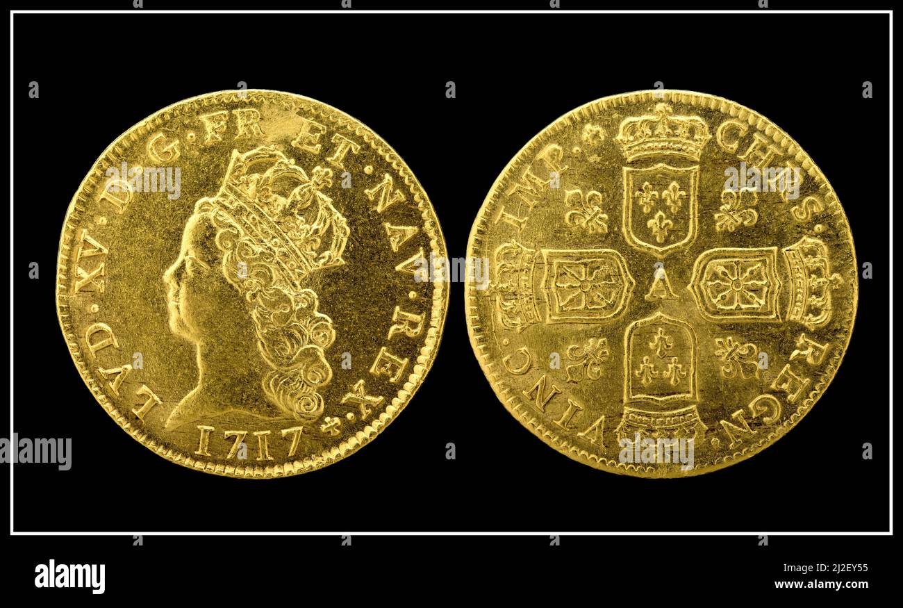 Pièces d'or deux Louis d'Or (1717), représentant Louis XV de France anciennes pièces d'or françaises de la Collection nationale numismatique, Musée national d'Histoire américaine des Etats-Unis Banque D'Images
