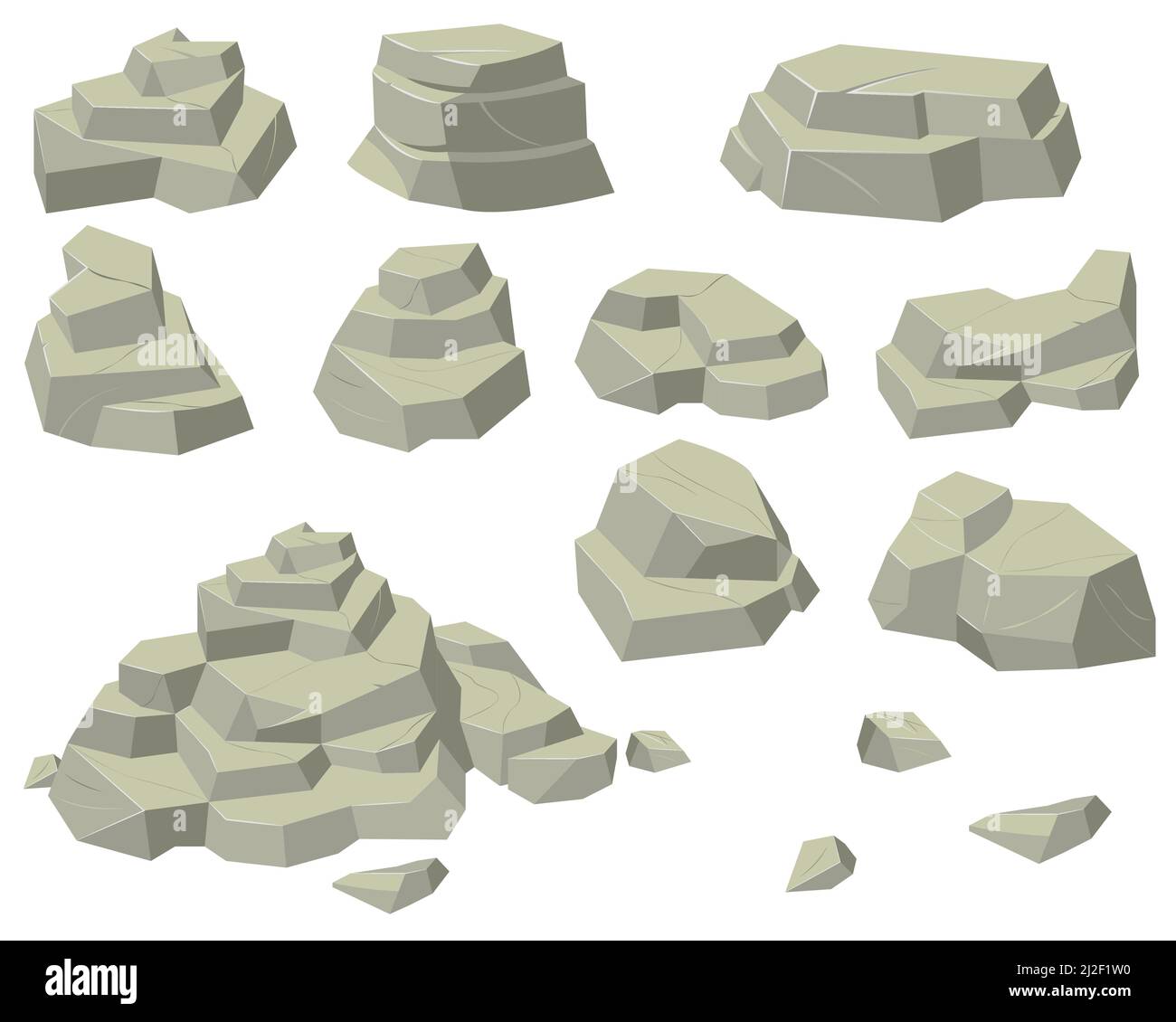 Piles de pierres plates. Tas de pierres naturelles de différentes tailles, pyramides rocheuses et marches isolées sur fond blanc. Pour les montagnes, géologie, m Illustration de Vecteur