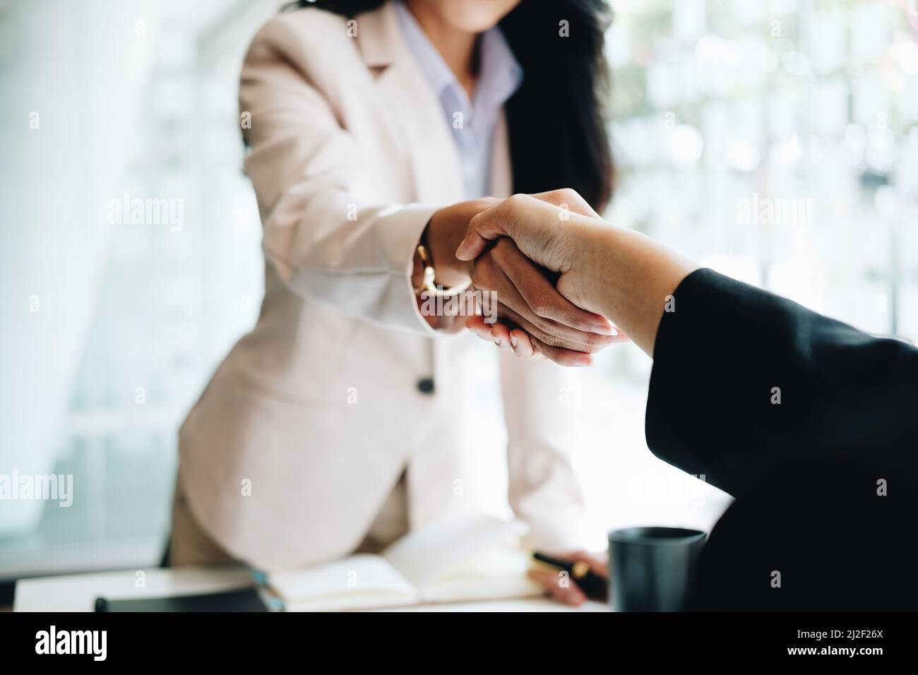 Les jeunes entreprises asiatiques se secouent la main au bureau. Fin de la réunion réussie. Banque D'Images