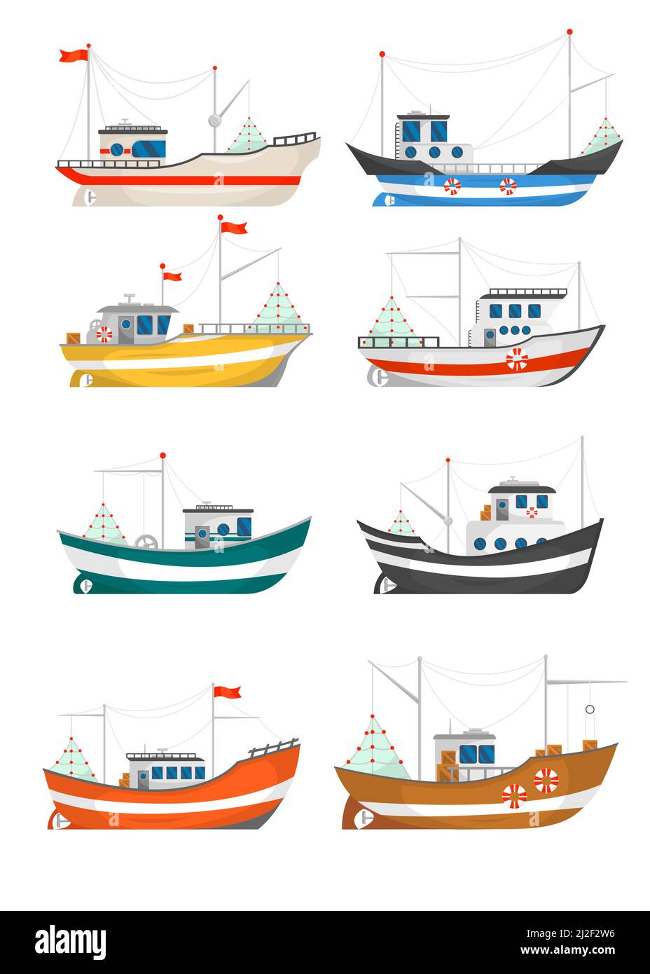 Collection d'illustrations vectorielles de bateaux de pêche. Chalutiers de pêcheurs, navires avec grues soulevant des filets isolés sur blanc. Pour l'industrie alimentaire et des fruits de mer, Illustration de Vecteur
