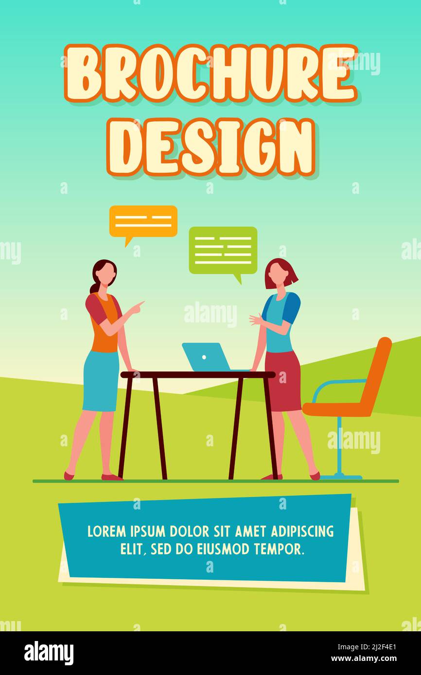Deux collègues de sexe féminin discutent de travail. Ordinateur portable, équipe, illustration vectorielle plate à bulle vocale. Concept d'affaires et de communication pour bannière, site web de Illustration de Vecteur