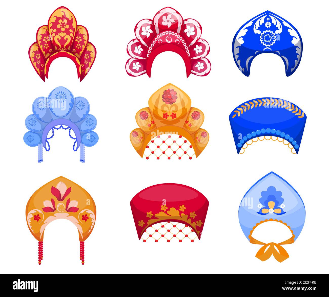 Ensemble de dessins animés de kokoshniks, la traditionnelle femme russe headaddress. Illustration vectorielle plate. Différents kokoshniks colorés comme vintage folk ornemental Rus Illustration de Vecteur