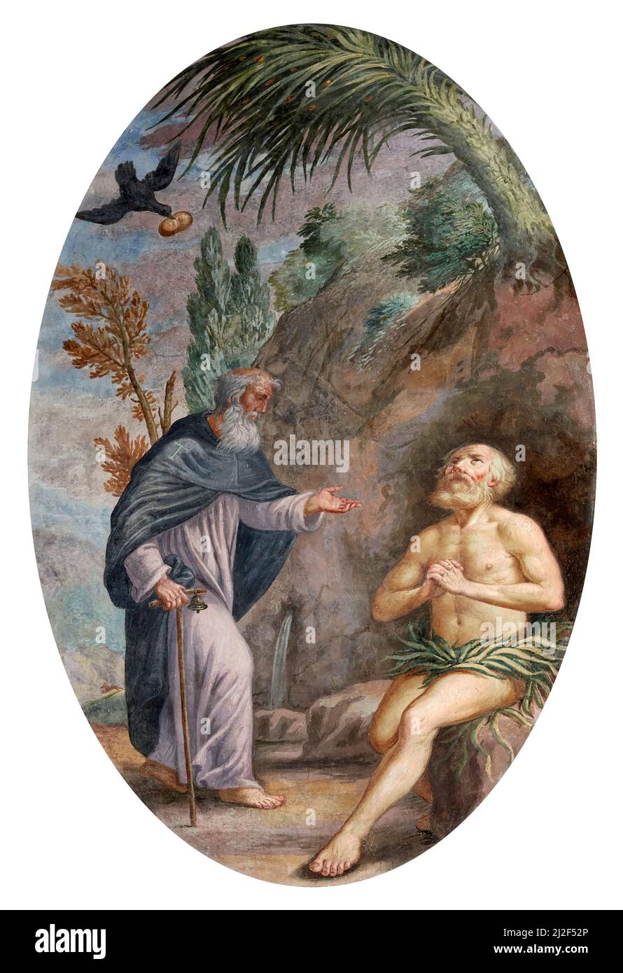 Saint-Antoine l'Abbé et Saint-Paul l'Eremit nourri par un corbeau - fresque - peintre emilien de la fin du 18th siècle - Cortemaggiore (PC), Italie, chu Banque D'Images