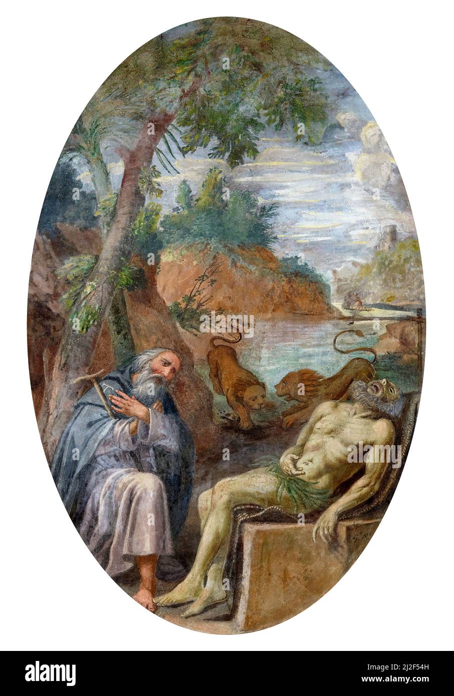 Saint-Antoine Abbé burie St.Pasul l'Eremit aidé par les deux lions - fresque - peintre emilien de la fin du 18th siècle - Cortemaggiore (PC), Banque D'Images