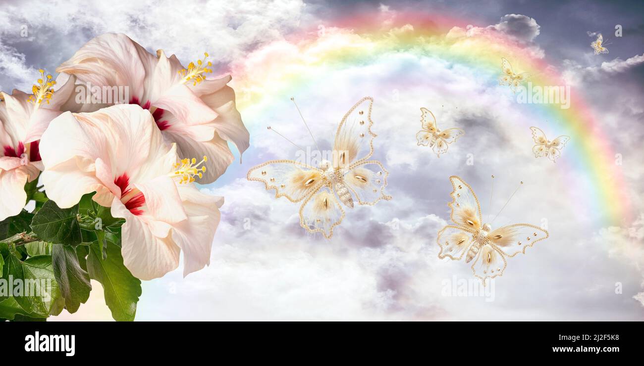 Fleurs et papillons dans le ciel avec arc-en-ciel et nuages. Collage. Banque D'Images