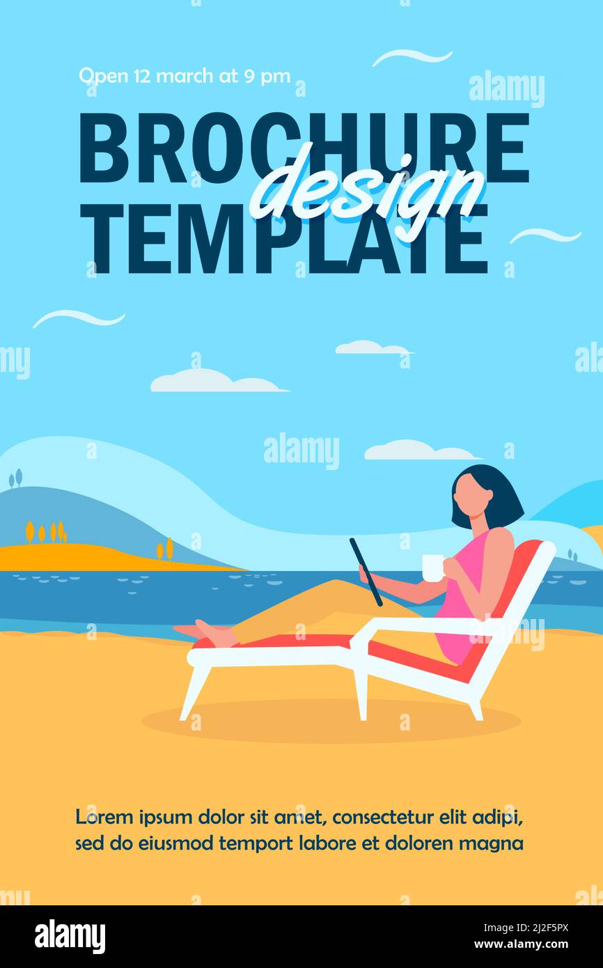 Femme assise sur une chaise de plage au bord du lac. Boire du café, utiliser une tablette, travailler à l'extérieur illustration vectorielle plate. Freelance, concept de communication pour b Illustration de Vecteur