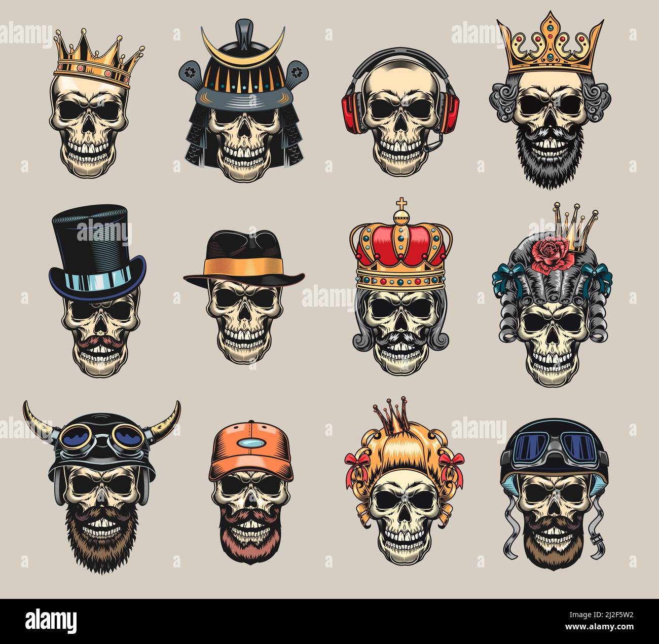 Ensemble de badges plats en forme de crânes de couleur. Crânes effrayants avec casque, bandana, couronne, chapeau de gentleman, cheveux et casque isolé vecteur collection d'illustration. Shir Illustration de Vecteur