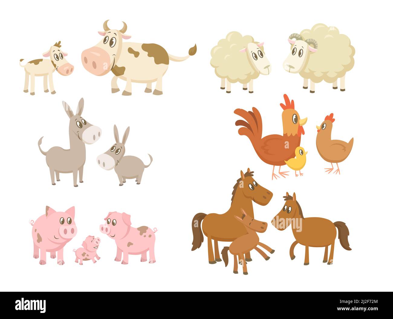 Animaux de ferme drôle familles ensemble. Vaches, moutons, ânes, chevaux, cochons, poule et coq avec poussin de bébé isolé sur blanc. Illustration vectorielle pour village, Illustration de Vecteur