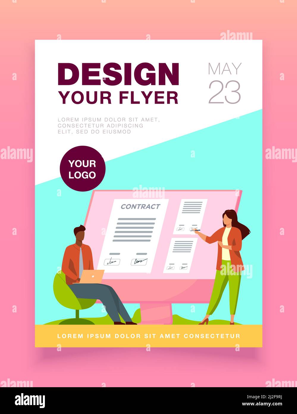 Les hommes d'affaires signent un contrat en ligne. Les partenaires apposent des signatures sur le document sur l'illustration vectorielle plate du moniteur. Internet, le monde des affaires concep Illustration de Vecteur