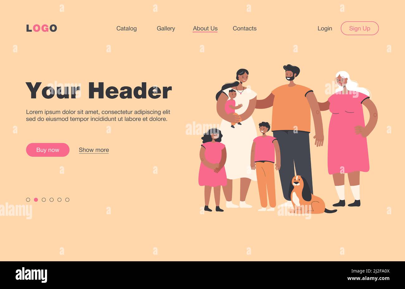 Bonne famille debout ensemble et illustration de vecteur plat souriant. Dessin animé père, mère, grand-mère, grand-père, enfants et chien. Amour et Illustration de Vecteur