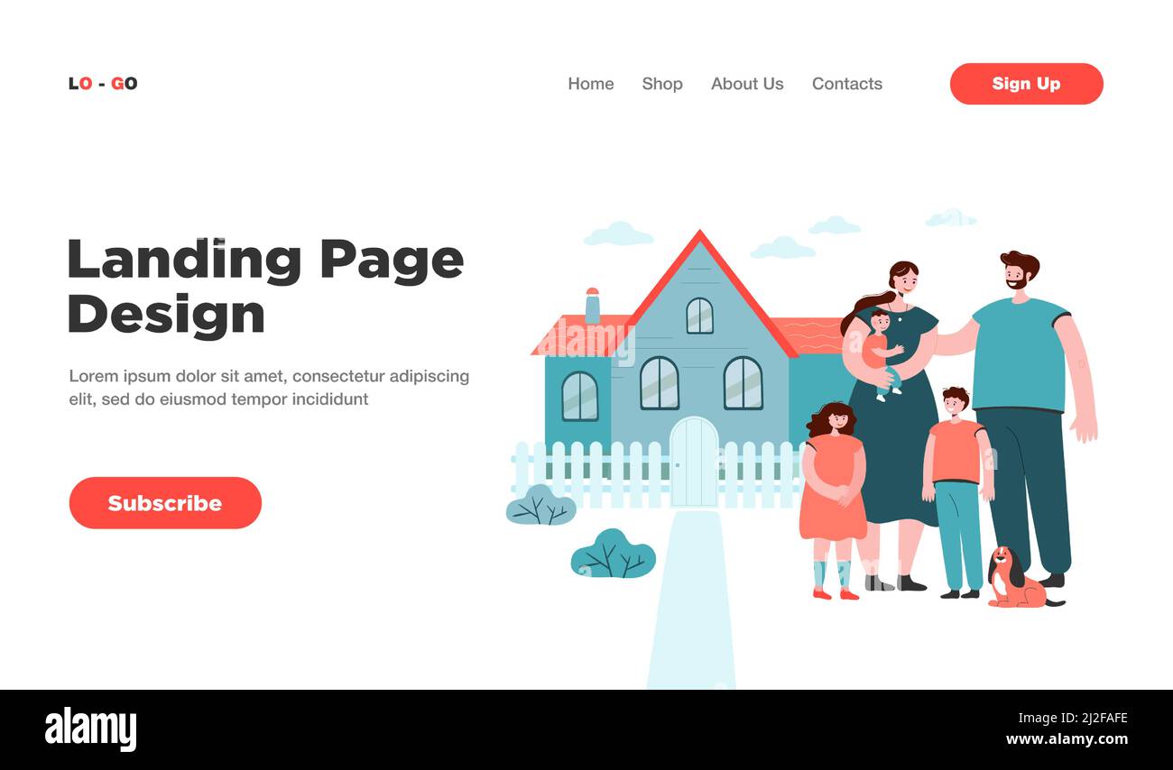 Famille heureuse debout devant la nouvelle maison. Photo de la mère, du père avec les enfants et le chien. Illustration vectorielle de dessin animé pour l'amour, la famille, la maison Illustration de Vecteur