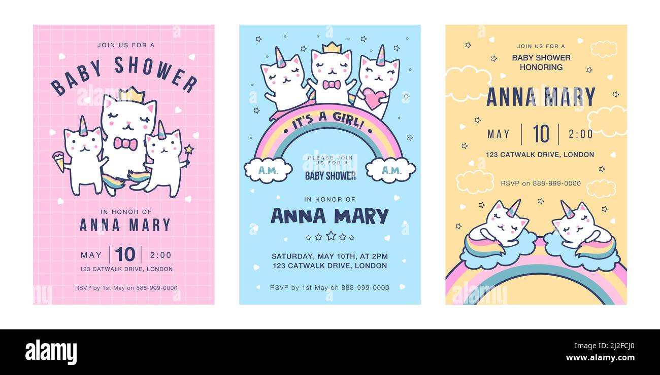 Cartes d'invitation avec ensemble de caticornes. Mignon danse bébé licorne chats avec queues arc-en-ciel ayant des illustrations vectorielles amusantes avec du texte. Fête de douche de bébé co Illustration de Vecteur