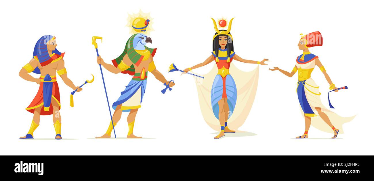 Egyptiens mythes héros ensemble. Pharaon, dieu Ra, Cléopâtre caractères isolés sur blanc. Illustrations vectorielles pour la culture de l'Égypte ancienne, la mythologie, l'histor Illustration de Vecteur