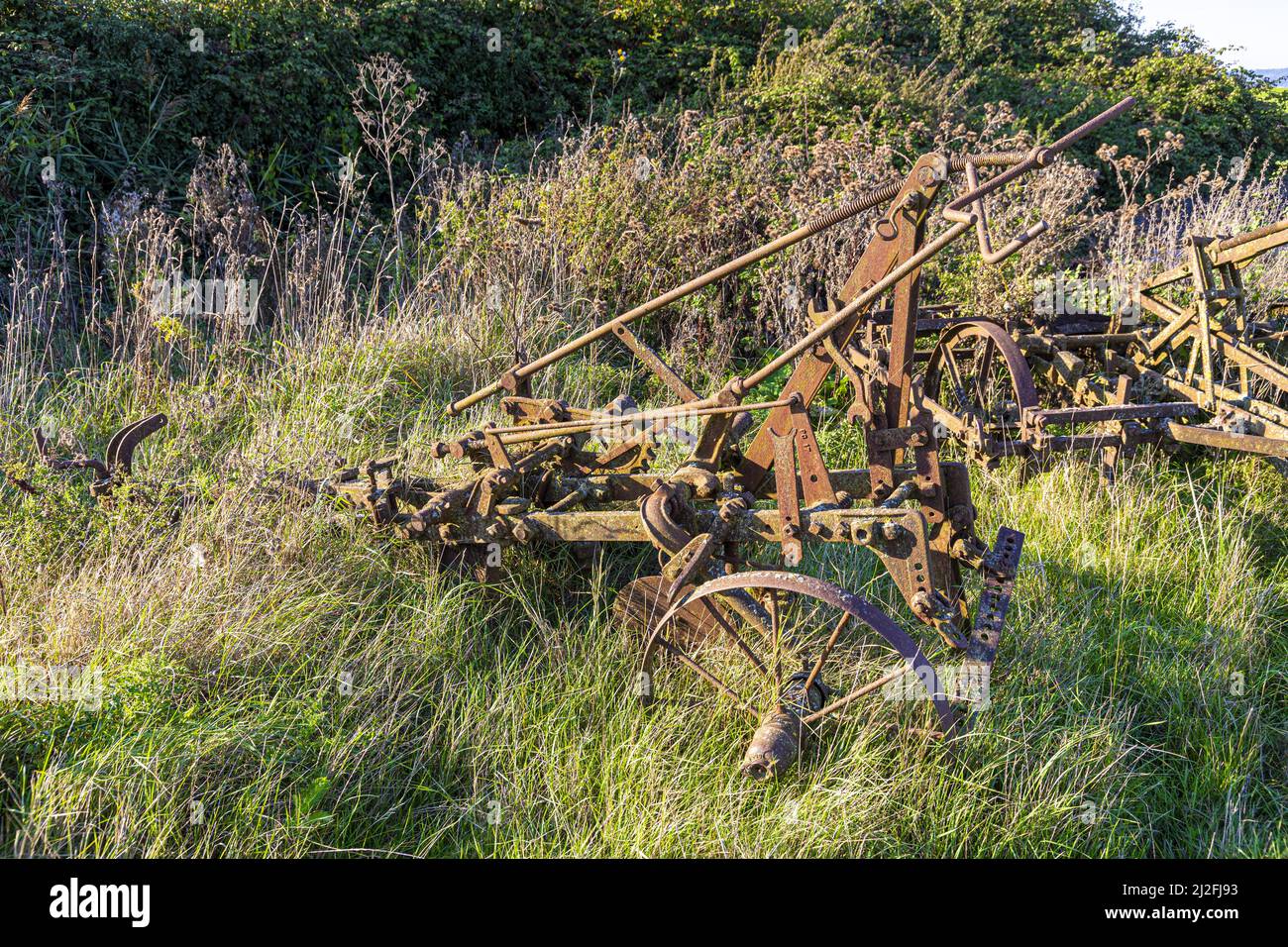 Vieille machinerie agricole rouillée en herbe longue à côté de la rivière Severn à Arlingham, Gloucestershire, Angleterre Royaume-Uni Banque D'Images