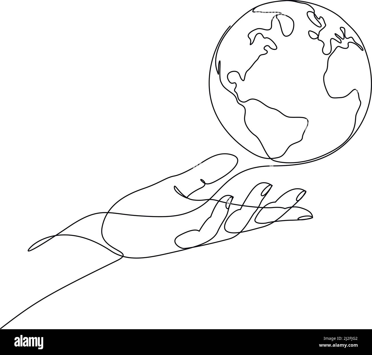 dessin continu de la main humaine tenant la planète terre Illustration de Vecteur