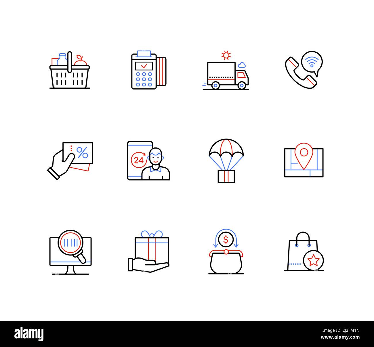 Achat et livraison de marchandises - icônes de style de conception de ligne Illustration de Vecteur