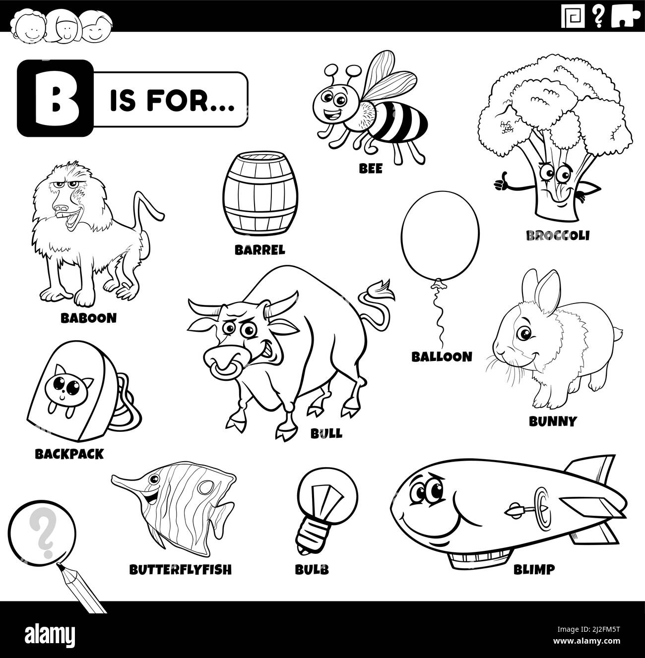 Dessin animé éducatif noir et blanc illustration des personnages et des objets de bande dessinée commençant par la lettre B set pour enfants page de livre de coloriage Illustration de Vecteur