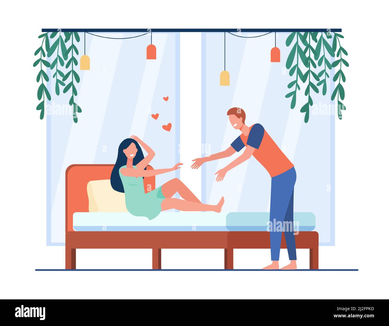 Un jeune couple heureux flirte dans la chambre. Illustration de lit, coeur, lune de miel à motif vectoriel plat. Concept de relation et d'amour pour la bannière, la conception de site Web ou la Illustration de Vecteur
