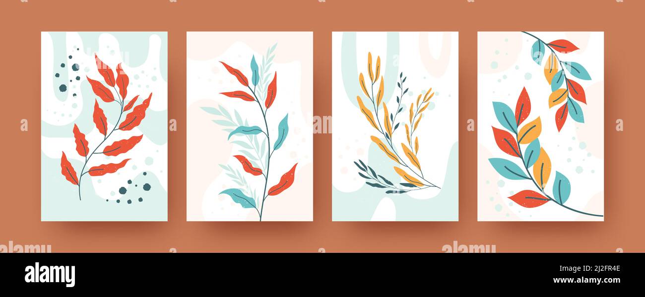 Ensemble de silhouettes botyques abstraites de style pastel. Diverses branches de verdure illustrations vectorielles pour bannières. Nature et plantes concept pour bannières, Illustration de Vecteur