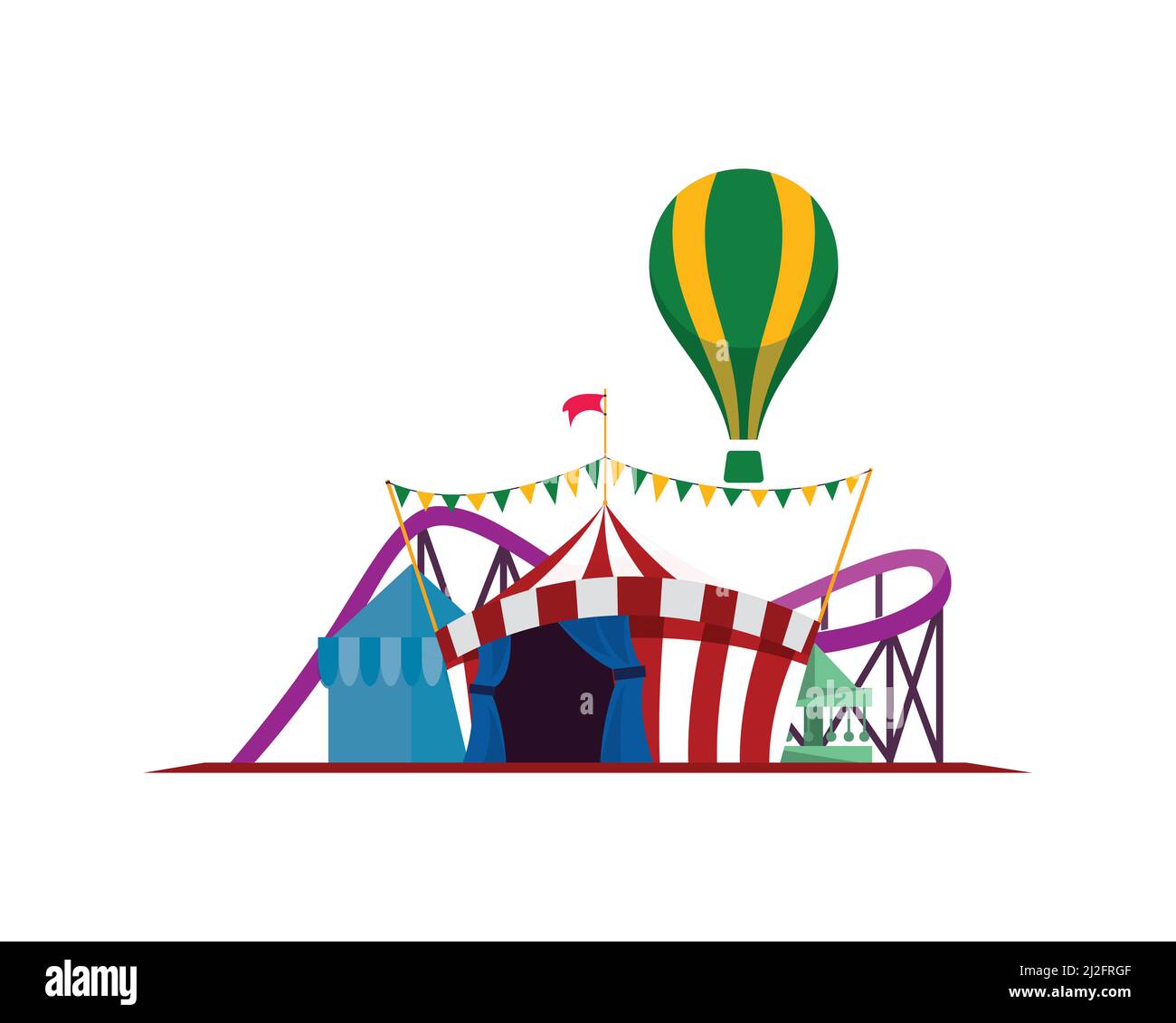 Parc d'attractions avec Circus Tent, Ferris Wheel et Roller Coaster Arena Vector Illustration de Vecteur
