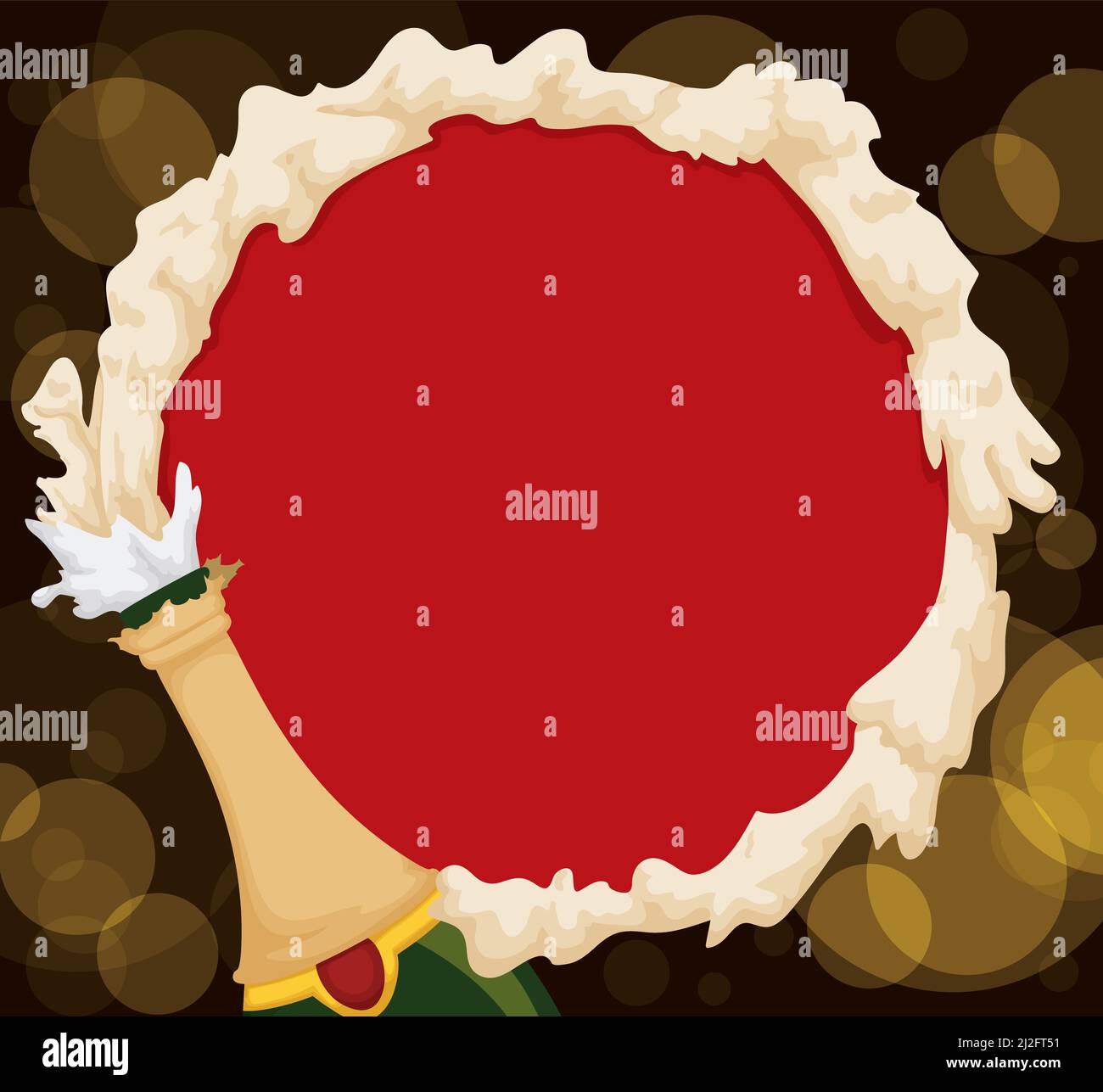 Modèle à bouton rond entouré d'une délicieuse mousse de champagne et d'une bouteille non enveloppée sur fond sombre avec effet bokeh. Illustration de Vecteur