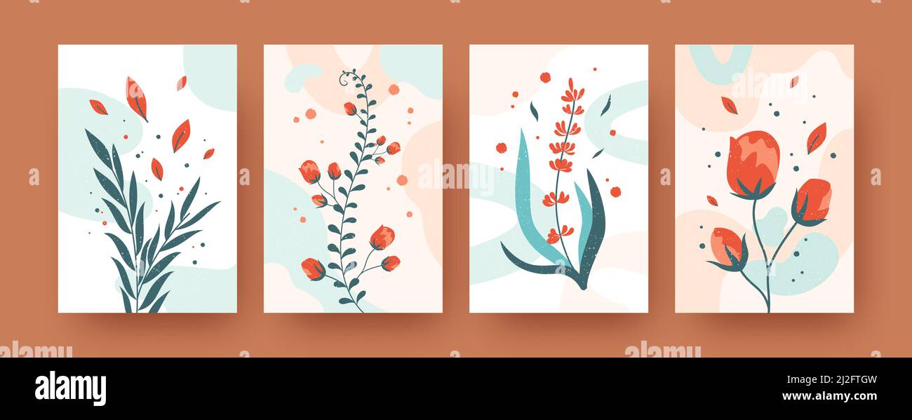 Collection florale estivale d'affiches d'art contemporain. Illustrations vectorielles de fleurs et de feuilles modernes. Nature et Blossom concept pour bannières, site Web Illustration de Vecteur