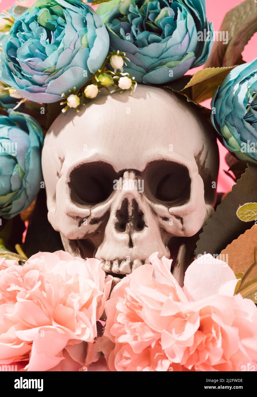 Bouquet de fleurs colorées avec crâne humain au centre. Tatouage, contraste d'arrière-plan conceptuel. Banque D'Images