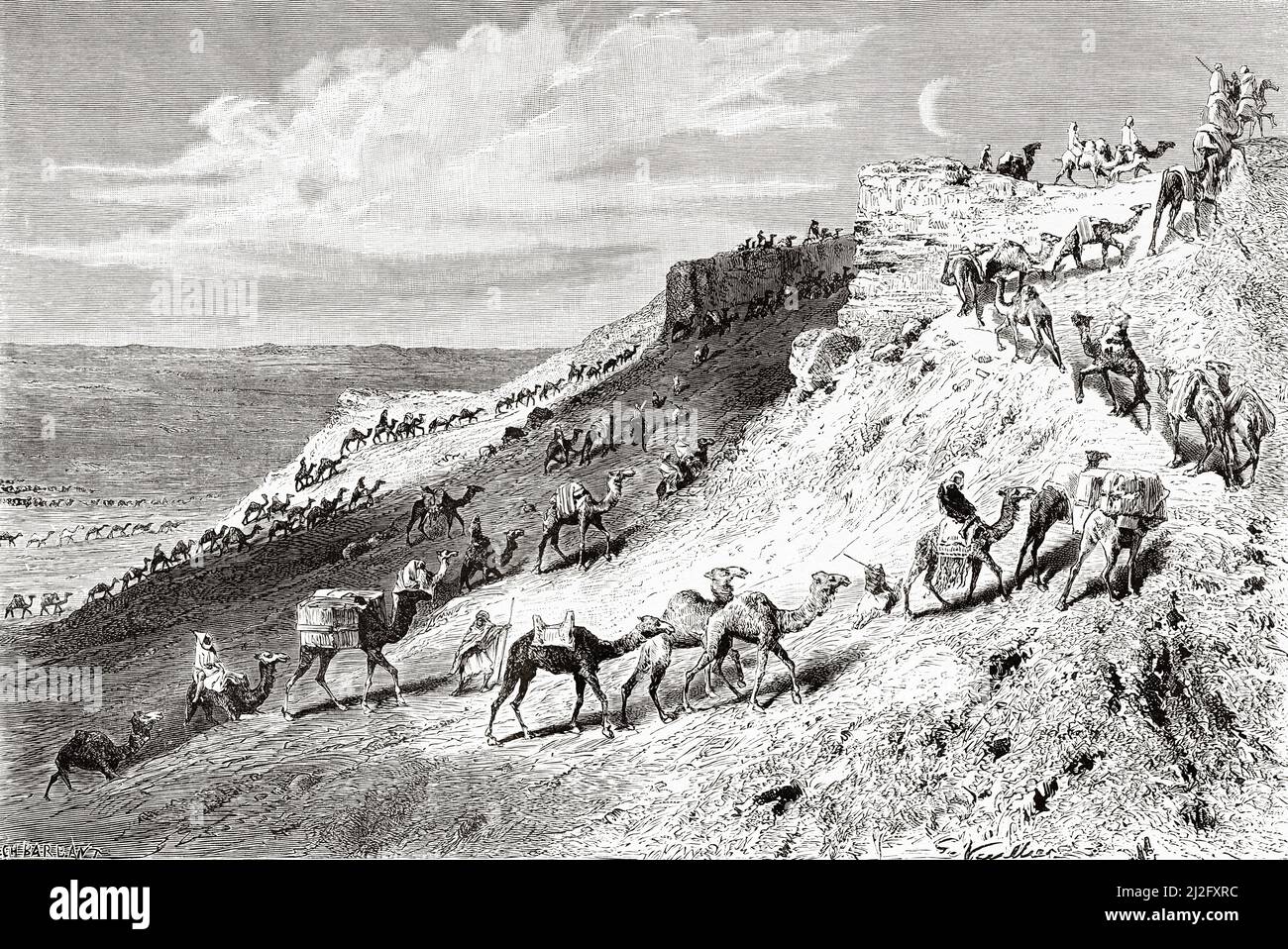Caravane de pèlerins en chameaux en route vers Nedjed, Arabie Saoudite. Pèlerinage à Nedjed, berceau de la race arabe par Lady Anna Blunt 1878-1879, le Tour du monde 1882 Banque D'Images