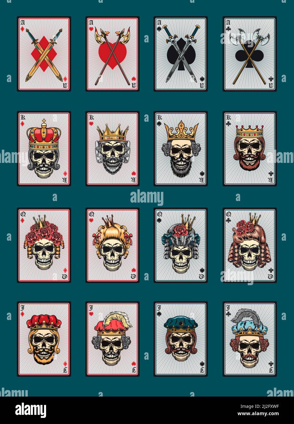 Jouer aux cartes de poker avec jeu de crânes. Rois, reines, jokers, as de tous les costumes. Collection d'illustrations vectorielles pour jeux d'argent, club de poker, jeu en ligne co Illustration de Vecteur