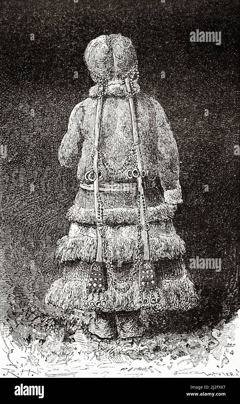 Samoyed femme dans des vêtements traditionnels. Les Nénets, également connus sous le nom de Samoyed, sont un groupe ethnique samoyedique originaire du nord de la Russie arctique. Le voyage de la Vega à travers l'Asie et l'Europe par Adolf Erik Nordenskiold 1879-1880, le Tour du monde 1882 Banque D'Images