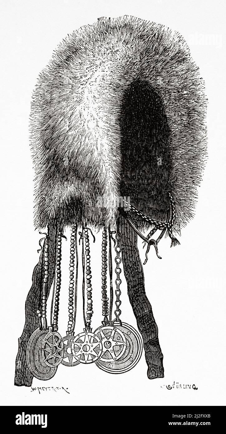 Chapeau traditionnel de Samoyed. Arctique, Russie. Le voyage de la Vega à travers l'Asie et l'Europe par Adolf Erik Nordenskiold 1879-1880, le Tour du monde 1882 Banque D'Images