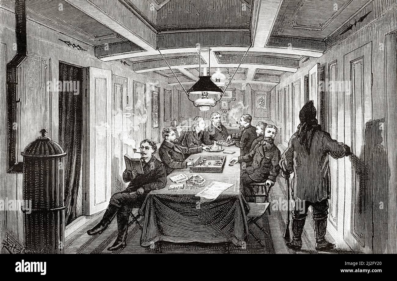 Les hommes dans la partie de la tutelle du navire à vapeur Vega. Arctique, Russie. Le voyage de la Vega à travers l'Asie et l'Europe par Adolf Erik Nordenskiold 1879-1880, le Tour du monde 1882 Banque D'Images