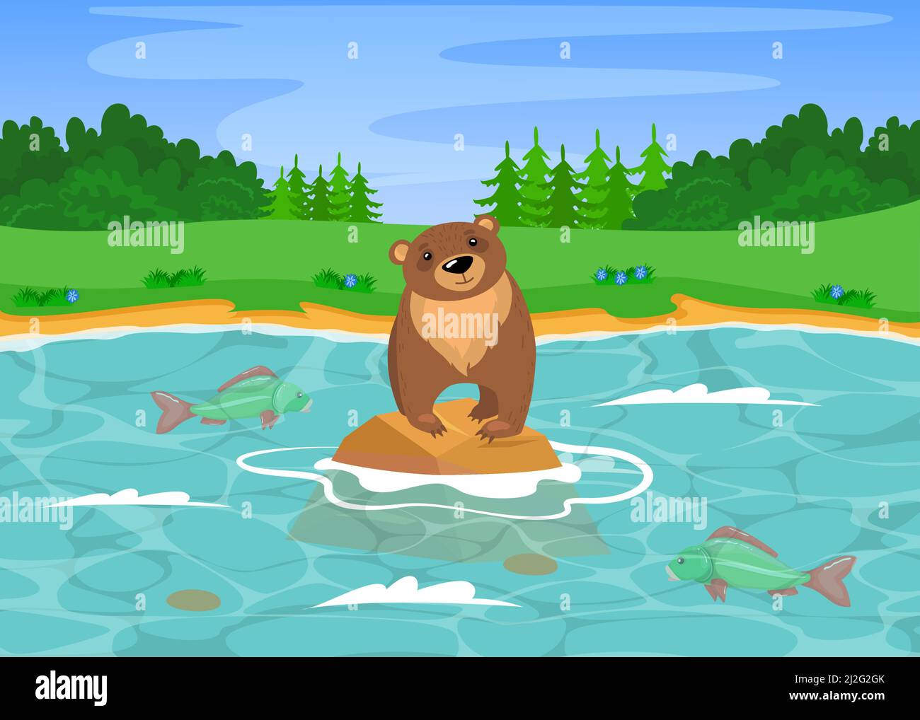 Pêche de l'ours grizzli sauvage dans la rivière. Illustration vectorielle de dessin animé. Adorable ours brun sauvage debout sur la pierre dans la rivière et chasse au poisson. Naturel Illustration de Vecteur