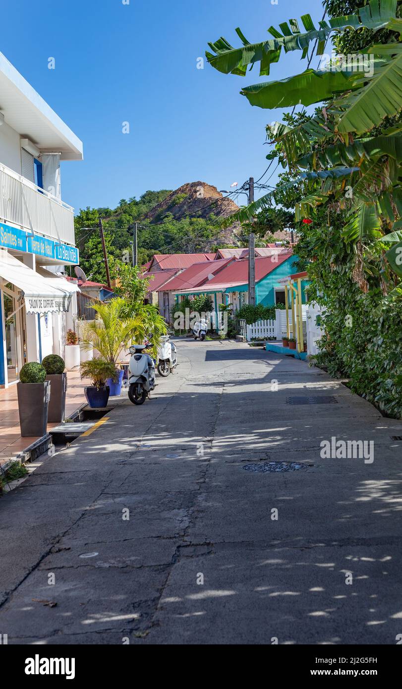 Rue au Bourg, Terre-de-Haut, Iles des Saintes, les Saintes, Guadeloupe, Antilles néerlandaises, Caraïbes. Banque D'Images