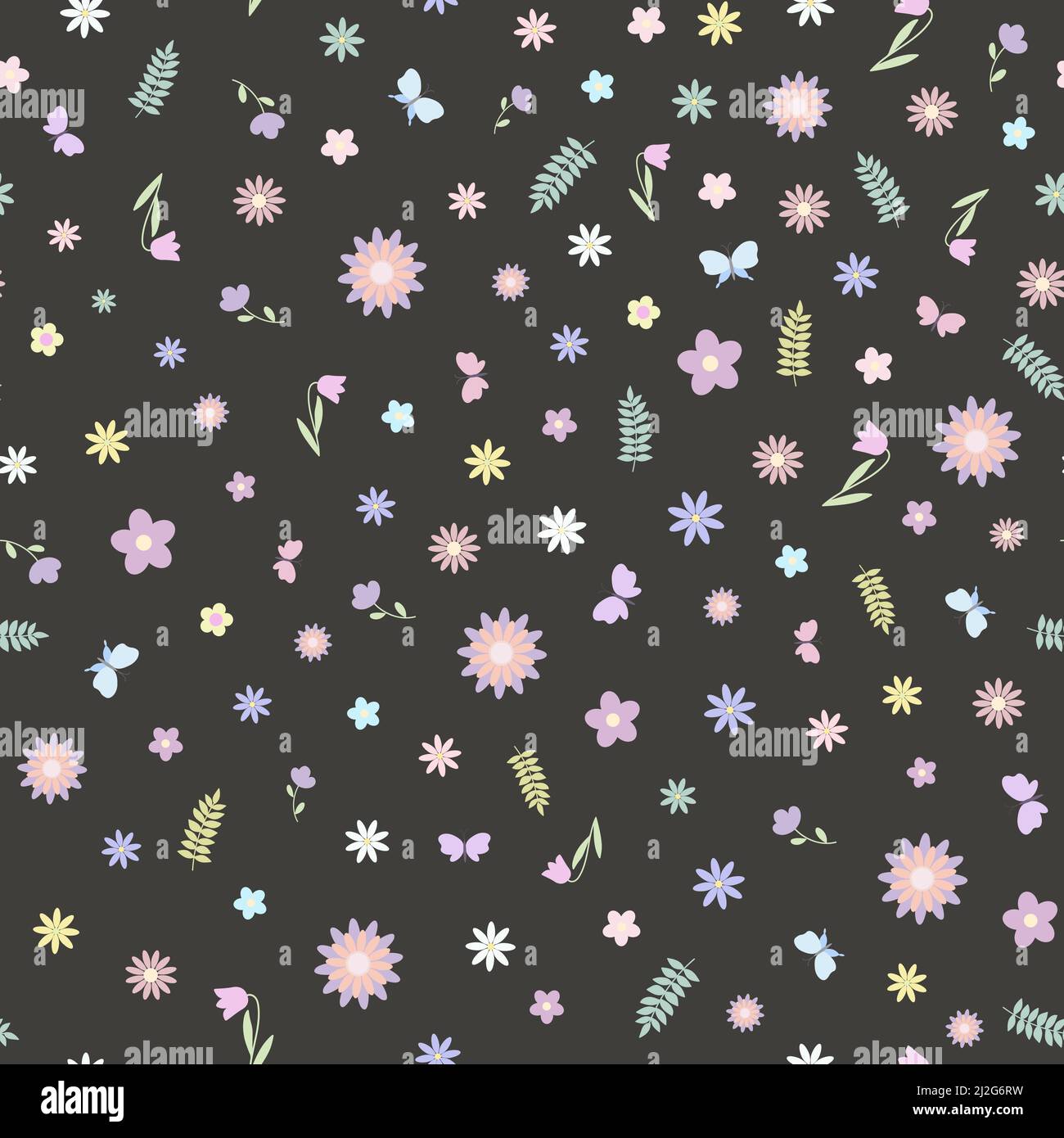 Papillons de couleur pastel fantaisie, fleurs sans couture, illustration vectorielle simple style plat, symbole du printemps, décoration de fête de Pâques, clipart pour cartes, bannière, décoration de printemps Illustration de Vecteur