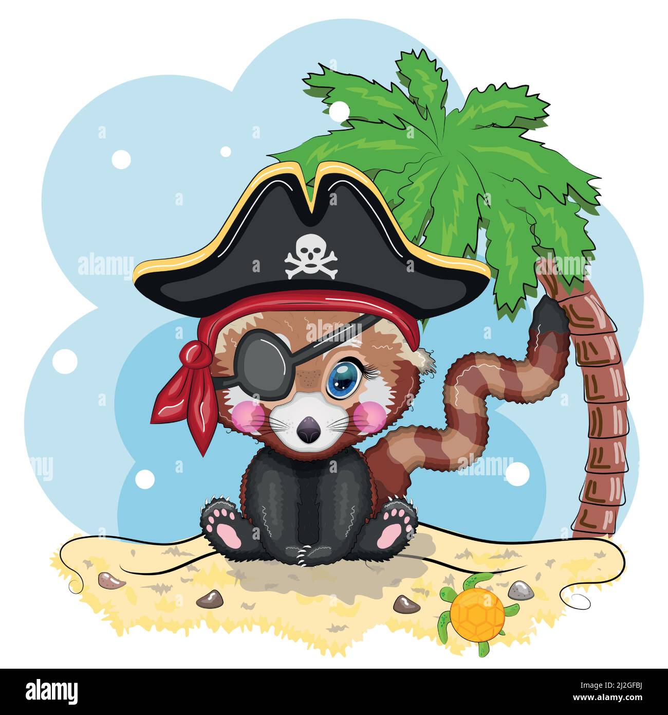 Panda rouge pirate, personnage de dessin animé du jeu, ours sauvage dans un bandana et un chapeau de coked avec un crâne, avec un patch pour les yeux. Caractère avec des yeux lumineux o Illustration de Vecteur