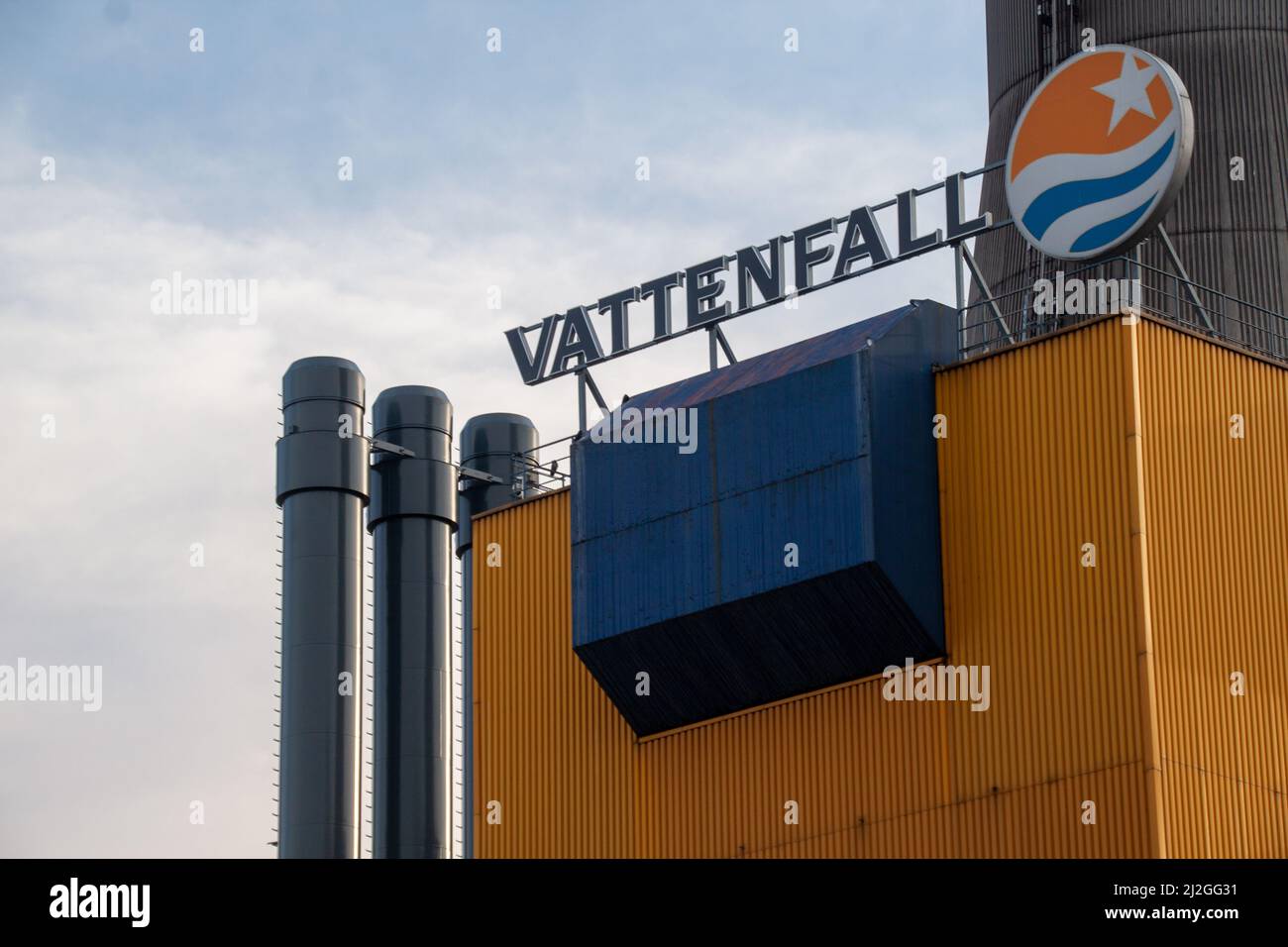 Un panneau affichant le logo de la centrale électrique de Vattenfall à Berlin, en Allemagne Banque D'Images