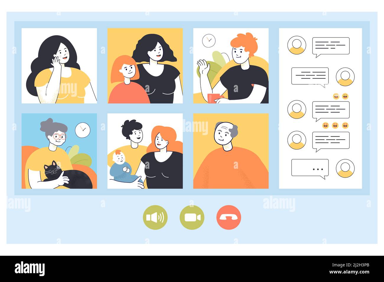 Grande famille ayant des appels vidéo de la maison par téléphone ou ordinateur.Parents avec enfants, femme avec enfant, personnes âgées illustration vectorielle plate.Famille, q Illustration de Vecteur