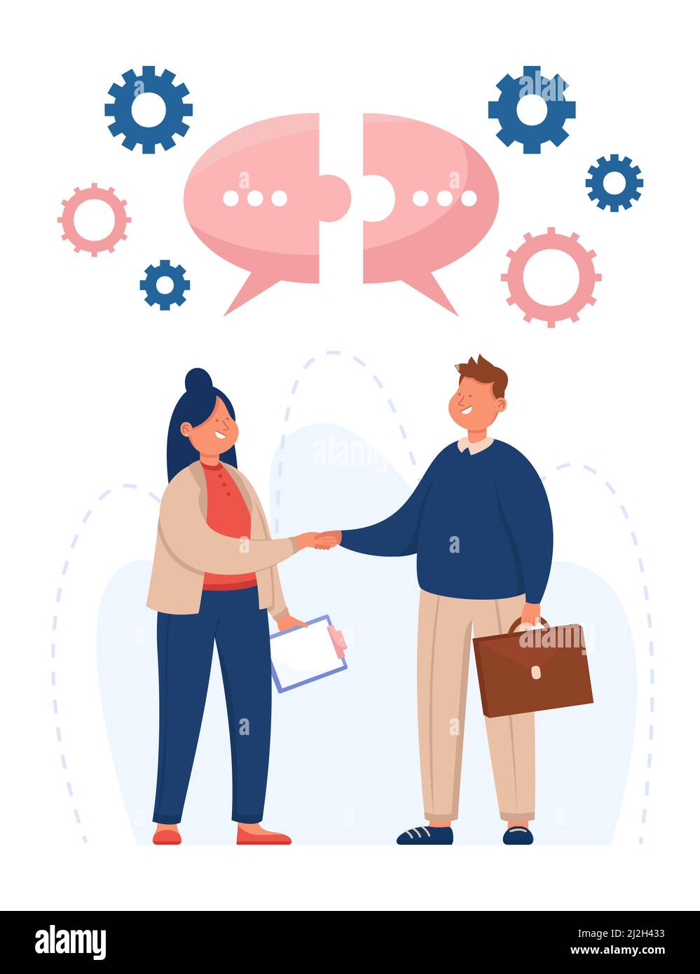 Illustration vectorielle plate pour les professionnels qui se secouent les mains. Homme et femme qui font affaire. Bulles de discours sous forme de puzzle ci-dessus. Coopération, réseau Illustration de Vecteur