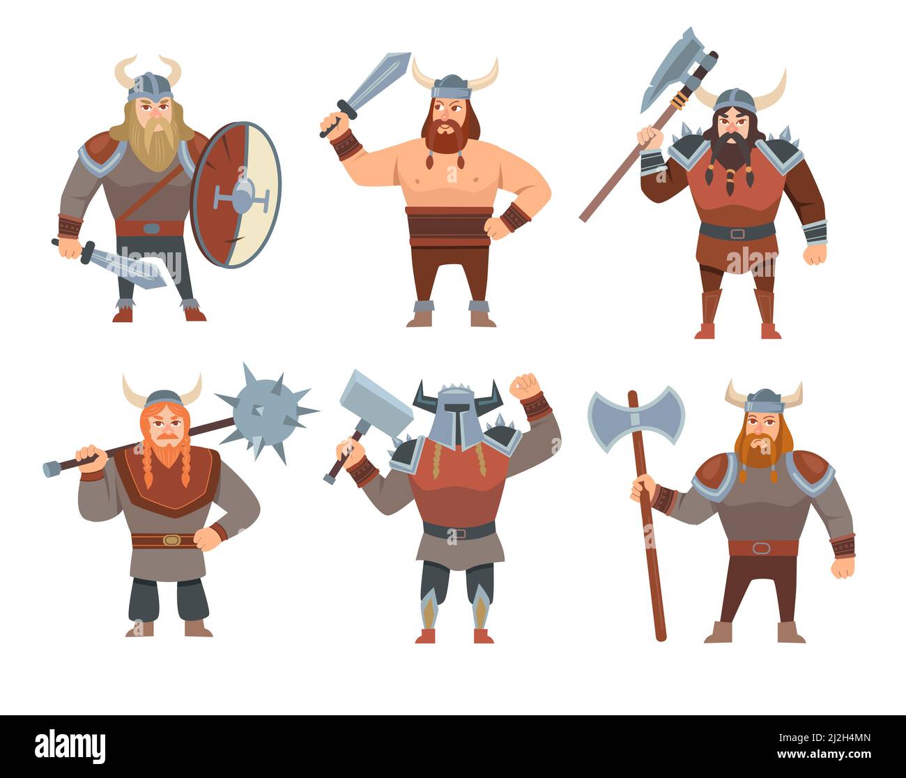 Ensemble d'illustrations vectorielles de dessins animés. Soldats médiévaux, personnes en costumes ou guerriers isolés sur fond blanc. Mythologie scandinave, Norw Illustration de Vecteur