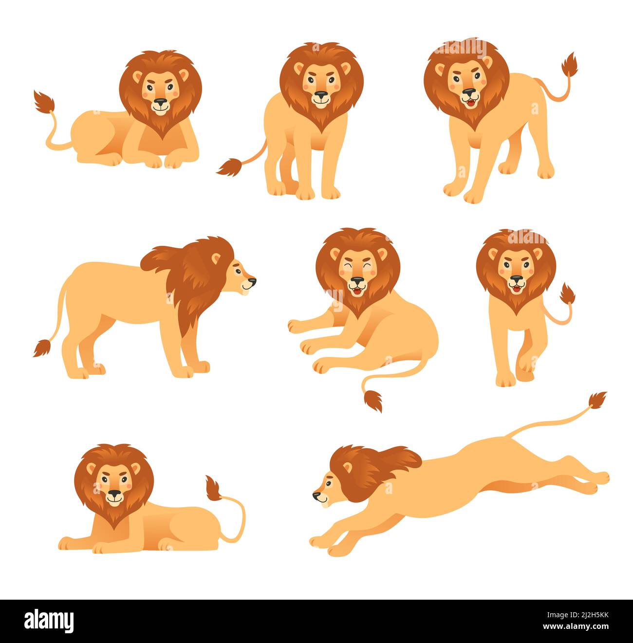 Joli lion de dessin animé dans différents poses scénario ensemble d'illustrations. Joyeux animal félin de couleur orange marchant, allongé, sautant, assis et rugissant. Sauvage Illustration de Vecteur